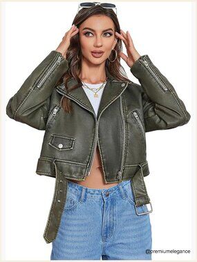 Faux Leather Cropped Biker Jacket with Belt, Zipper Pockets, Regular Fit